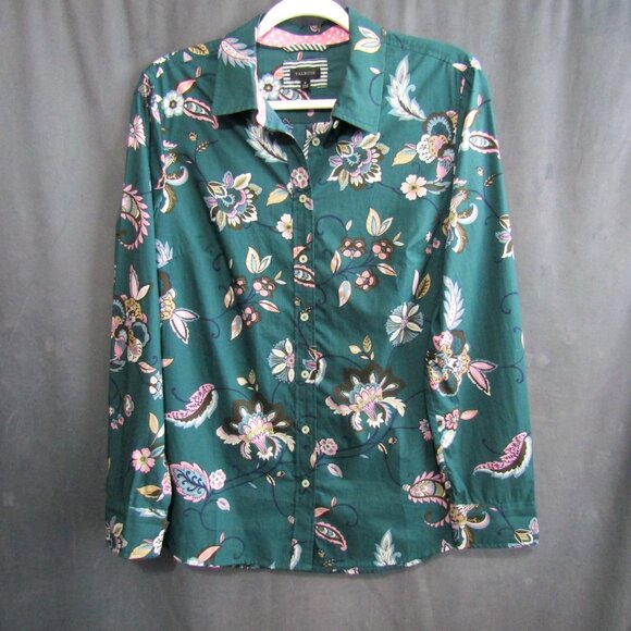 Talbots Teal Green Floral Button Front Top Womens Size M Cotton Long Sleeve - Picture 8 of 8